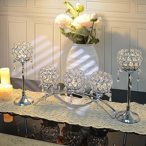 Set of 3 Silver Crystal Tea Light Candlestick Holders Flower Shape with Crystal Pendant Bowl Votive Metal Candle Holder for Table Centerpieces Wedding Home Decor - Image 3
