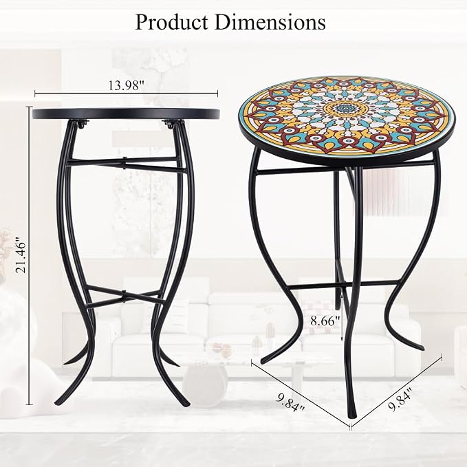 Mosaic Outdoor Side Table Small Round Patio Table Plant Stand | 21" Accent End Table with 14" Ceramic Tile Top for Small Spaces Porch Pool Garden Decor Indoor Living Room Bedroom Balcony