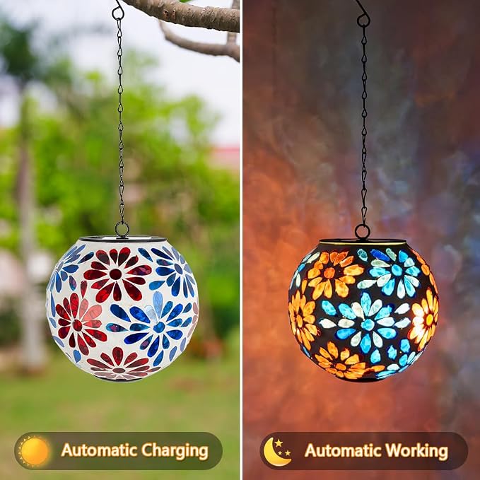 Solar Hanging Lanterns Glass Mosaic Gazing Ball Globe Blue Red Hanging Lantern Lights Outdoor Waterproof for Garden Yard Patio Home Decor (Flowers)