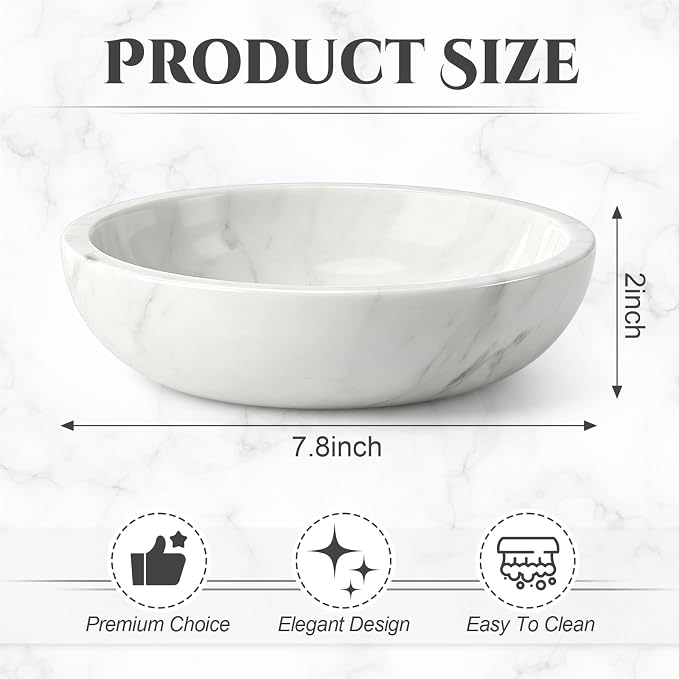 LemonRoad Marble Decorative Bowl 7.8"x 2" White Round Stone Bowl for Fruit, Dog, Entryway Key, Kitchen Counter, Dining Table Centerpiece, Office Decor