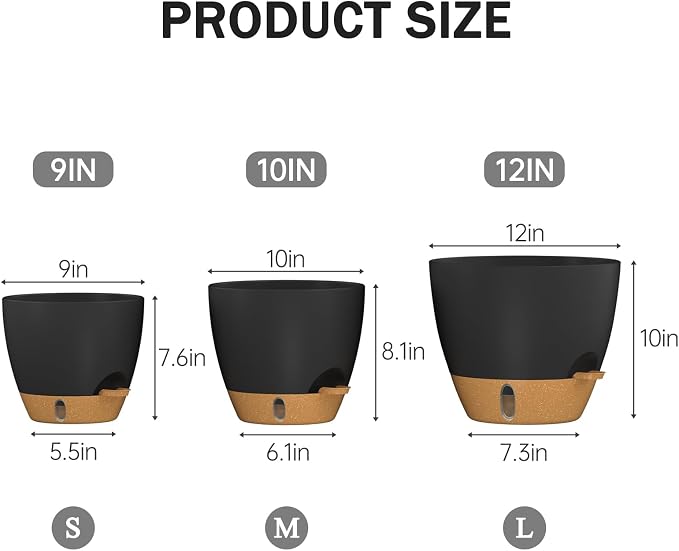 12/10/9 Inch Self Watering Pots for Indoor Outdoor Plants, Set of 3 Large Plastic Planters with Visual Water Window, Drainage Holes & Watering Lip, Modern Decorative Flower Pots (Black)