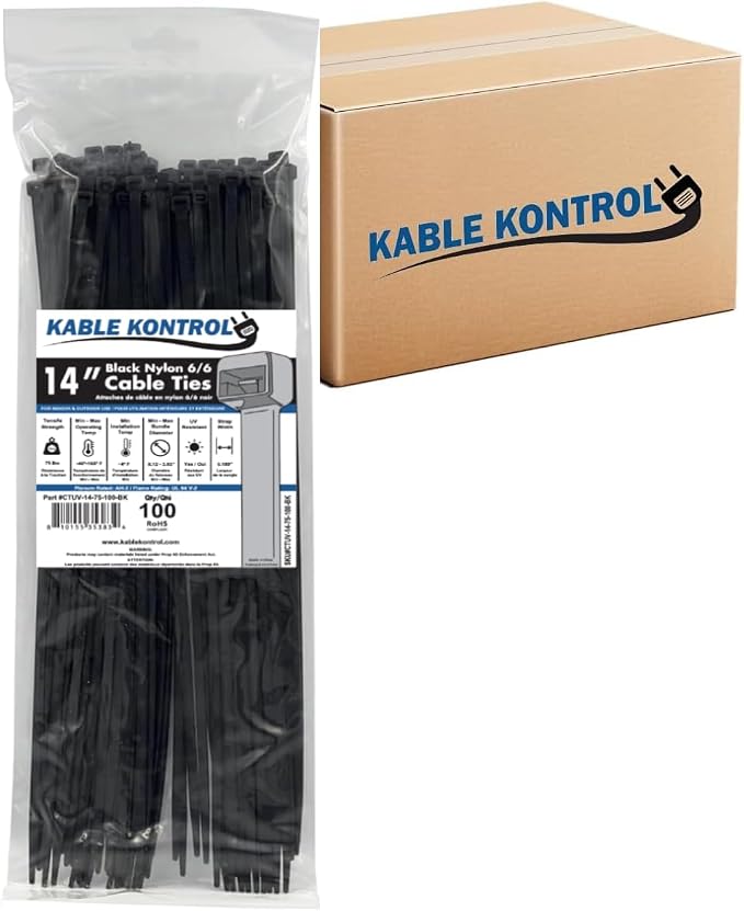 Kable Kontrol Cable Zip Ties Black 5000 Pcs 14 Inch, 75 Lbs Tensile Strength, Self-locking UV Resistant Plastic Nylon Wire Ties, for Indoor or Outdoor Use