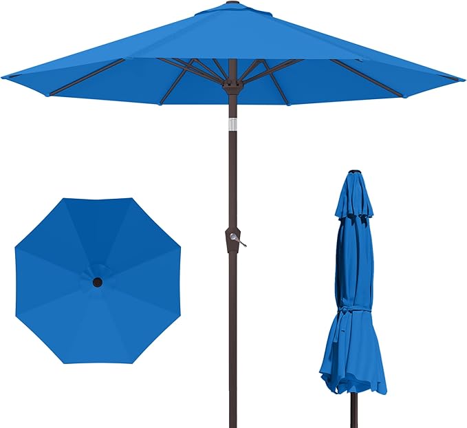 Kingdura 9FT Outdoor Patio Umbrella, Round Market Table Umbrella with Push‑Button Tilt and Crank Lift, 8 Sturdy Metal Ribs, UV50+ Protection Canopy for Backyard, Lawn, Deck, Poolside, Garden (Royal blue)