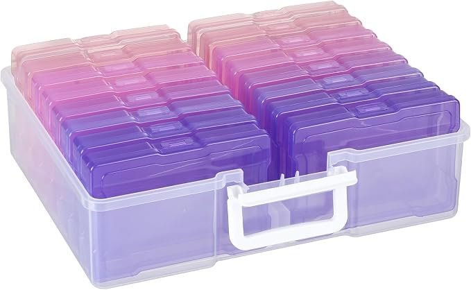 4" x 6" Plastic Photo Storage Case with 16 Inner Photo Containers Boxes Greeting Cards Containers Boxes Storage, Seed Storage Perfect for Storing Pictures,Photos and Cards (Pink & Purple)