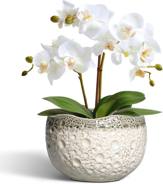 Ceramic Pots for Plants - 6 Inch Plant Pot with Drainage Hole and Plug, Round Modern Planters for Indoor Plants, Decorative Planters, Bookshelf Decor, Gifts for Plant Lovers, Beige-Grey
