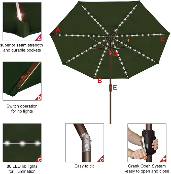 EliteShade USA 10-Year-Non-Fading 9ft 3-Tier Market Patio Umbrella, Commercial Table Umbrella with 80 Solar LED Lights, Crank Open, Windproof & UPF 50+ UV Protection for Garden, Deck, Pool, Backyard, Fern