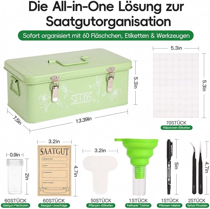 60 Slots Seed Organizer Storage Box with 3 Compartments,Large Metal Garden Seed Organizer with Lid&Safety Locks,Seed Saver Bin 50 Plant Labels 60 Seed Envelopes,Professional All-In-One Seed Saving Kit