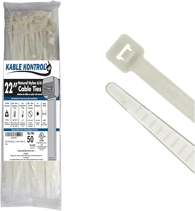 Kable Kontrol Heavy Duty Cable Zip Ties 50 Pcs 22 Inch, Natural White, 250 Lbs Tensile Strength, Self-locking Nylon Clear Plastic Wire Ties wraps for Indoor or Outdoor Use