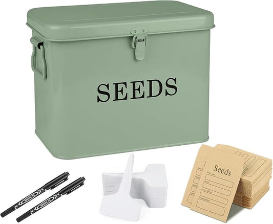 Seed Storage Organizer, T-Shape Compartment Seed Box with Safety Lock, Metal Seed Saving Box, Portable Seed Bin Container with Handle, Including 2 Pens 20 Plant Labels 50 Seed Envelopes-Green