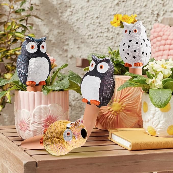 Yeswhat Self Watering Plant Spikes 4 Pack, Terracotta Owl Automatic Plant Waterer for Indoor Outdoor Plants, Slow Release Watering Stakes, Vacation Watering Devices for Potted Plants Garden Decor