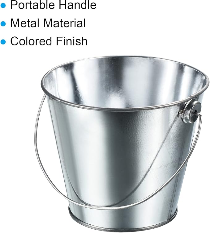 PATIKIL 4.7 Inch Colored Metal Buckets, 4 Pack Pencil Holder Buckets Round Metal Planter Pails Container with Handles for Classroom Crafts, Bright Silver