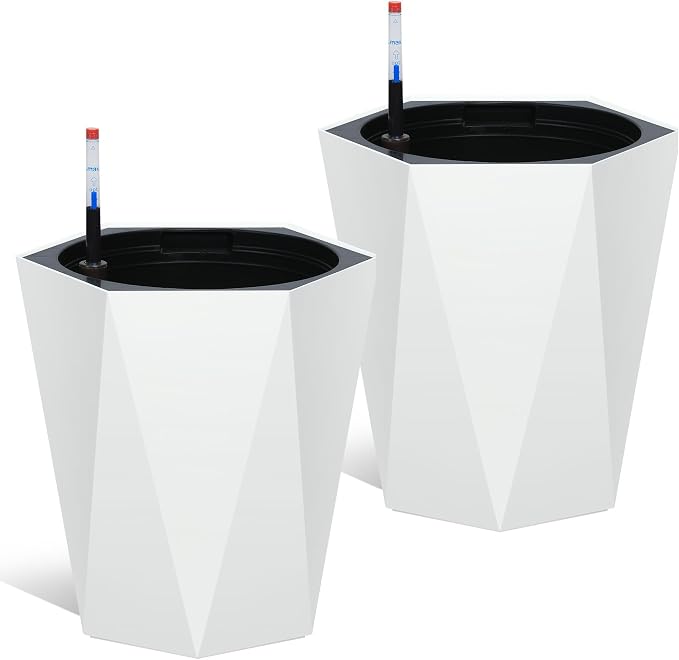 Set of 2 Tall Planters for Outdoor Plants, 16" Large Planter Pots with Drainage Holes & Water Level Monitor, Self-Watering Flower Pots for Patio, Porch, Garden, Front Door Decor, Indoor Outdoor