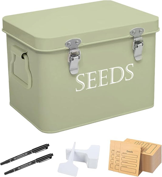 Ecopark Seed Storage Box, Professional All-in-one Kit with 2 Pens, 20 Plant Labels and 50 Seed Envelopes, Metal Storage Organizer, Saving Box, Seed Packet Container, Green