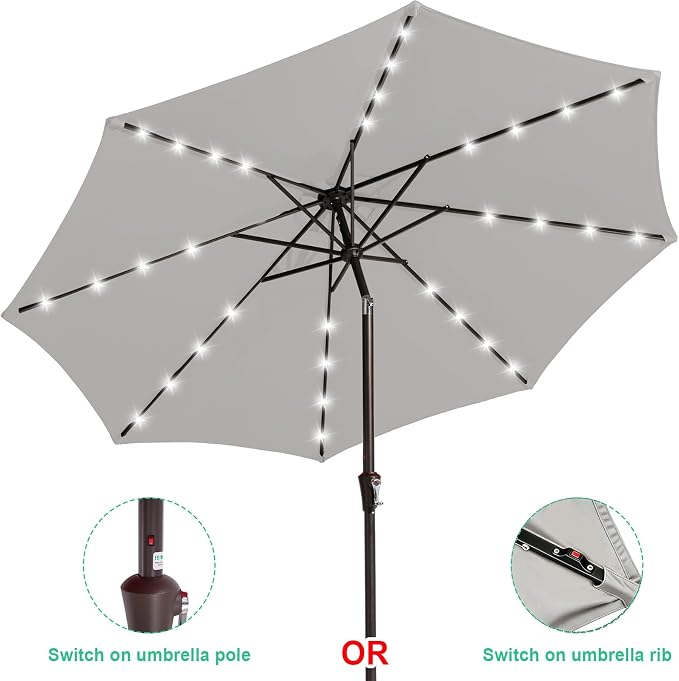 JEAREY 9FT Outdoor Patio Umbrella with Solar Lights, LED Lighted Pool Umbrella with Tilt and Crank, Outdoor Table Umbrellas for Deck, Yard & Market (Light Grey)