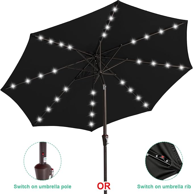 JEAREY 9FT Outdoor Patio Umbrella with Solar Lights, LED Lighted Pool Umbrella with Tilt and Crank, Outdoor Table Umbrellas for Deck, Yard & Market (Jet Black)