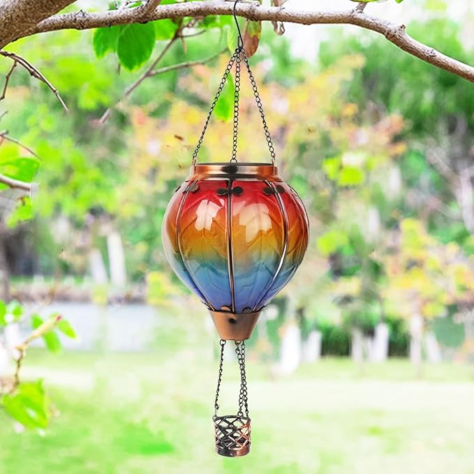 2PCS Solar Hot Air Balloon Flickering Flame Hanging Garden Light with Shepherd's Hooks, 18" H Waterproof Glass Outdoor Lantern for Yard Patio, Mother's Day Gift, Colorful-2PCS