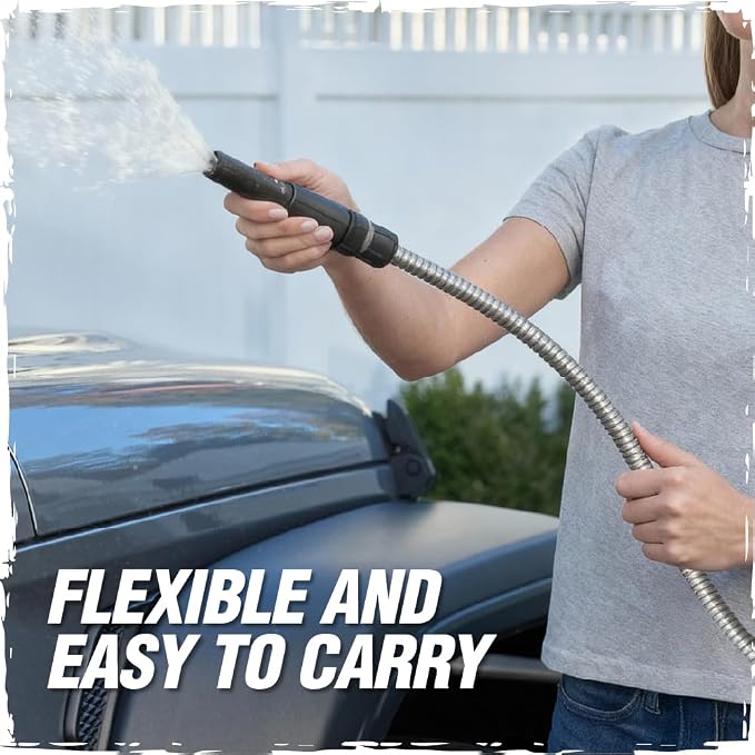 RUGGED RHINO Metal Garden Hose with Spray Nozzle, 50FT, 304 Stainless Steel, 750 PSI Burst Strength, Heavy Duty Flexible Water Hose, Kink Resistant, Leakproof for Yard, Lawn and Outdoor Use, Silver