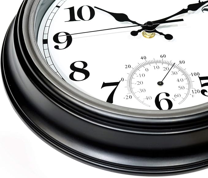12-Inch Indoor/Outdoor Retro Silent Non-Ticking Waterproof Wall Clock with Thermometer,Battery Operated Quality Quartz Round Clock Wall Decorative for Patio/Home