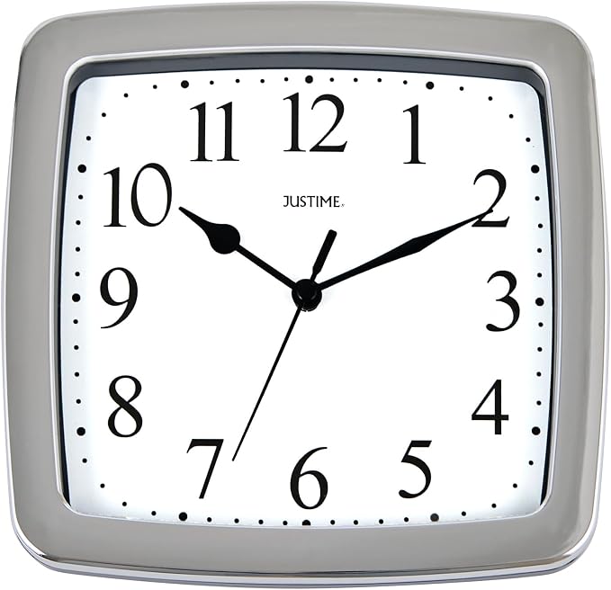JUSTIME 8.5 Inch Water-Resistant Square Wall Clock for Bathroom, Kitchen, Boat, RV — Silent Non-Ticking, Battery Operated, 3-Point Mount, Indoor Outdoor Analog Clock for Humid Areas & Marine Use