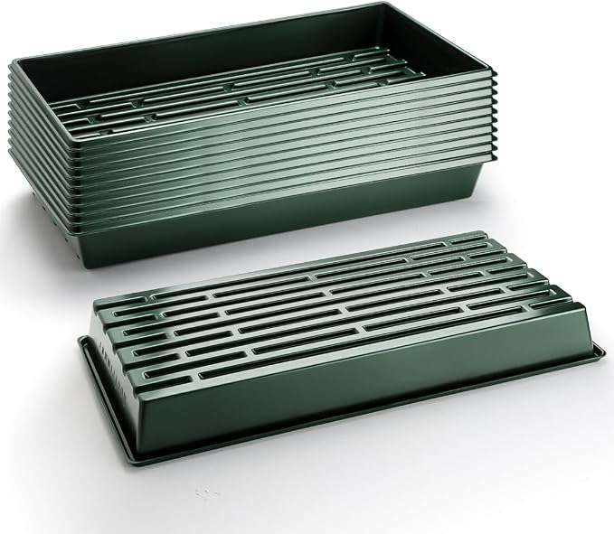 RooTrimmer 10 Pack 1020 Trays No Holes-Reusable Nursery Flats for 50/72 Cell Plug Tray, Heavy Duty Seed Starter Trays for Transplant, Seed Starting, Plant Propagation & Seed Germination (Dark Green)