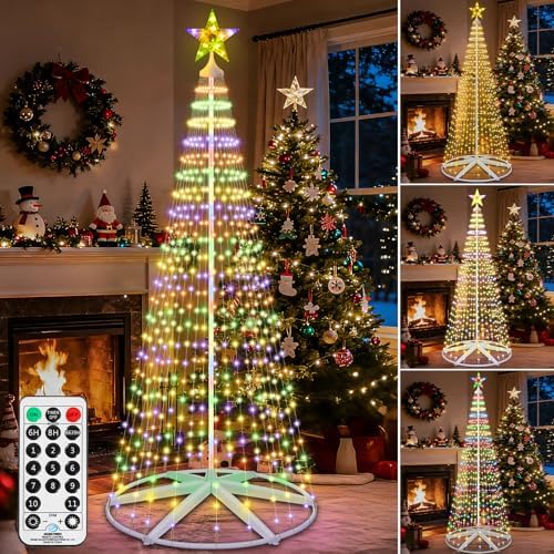 9.5ft 492LEDS Outdoor Christmas Tree Lights, Tall Star Topped Artificial Lighted Christmas Cone Trees Waterproof with 11 Modes, Timer, Dimmable for Indoor Outside Xmas Decor, Warm White/Multicolor by JORETLE