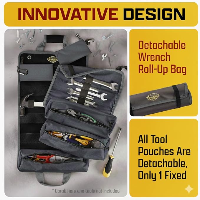 Ryker PRO Heavy Duty Motorcycle Tool Roll Up Bag w/Socket Wrench Organizer | Motorcycle Dad Gifts for Men. Off Road Roll Up Tool Bag w/ Accessible Pouches and Pocket Labels. Overland Gear Tools Bag Kit