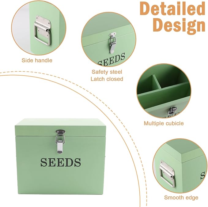 Wooden Seed Storage Organizer with 2 Dividers, Seed Saving Box with Lid and Handle, 50 Envelopes, 20 Plant Labels and 2 Pens for Garden Seeds