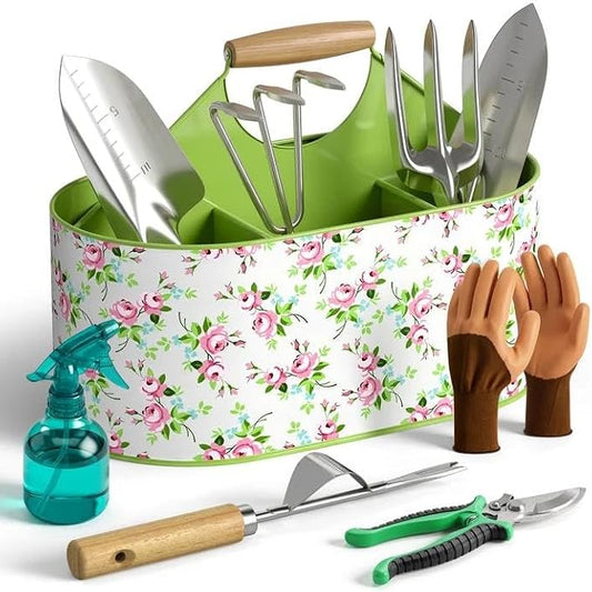 9-Piece Garden Tool Set, Heavy Duty Stainless Steel Rust-Proof Planting Kit with Ergonomic Wood Handles, Durable Metal Organizer Basket with 4 Compartments, Gardening Gift for Women, Mother