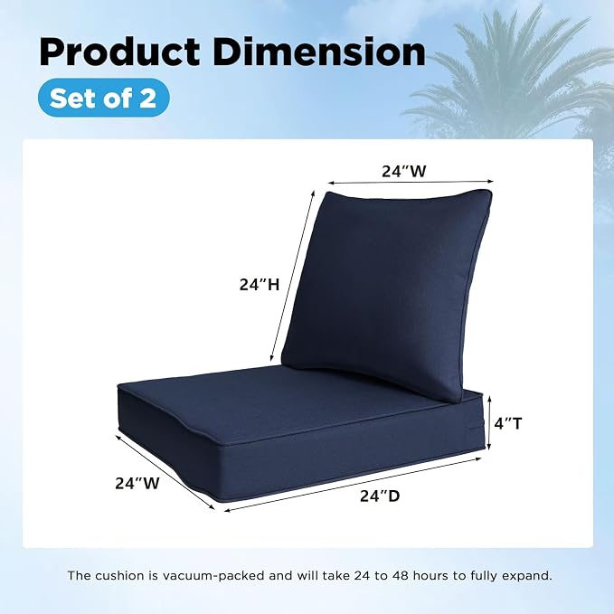 Sunbrella Outdoor Deep Seat & Back Cushion Set (2-Pack), 24 x 24 Inch Water Repellent and Fade Resistant Patio Furniture with Removable Cover for Outside Sofa Couch, Canvas Navy