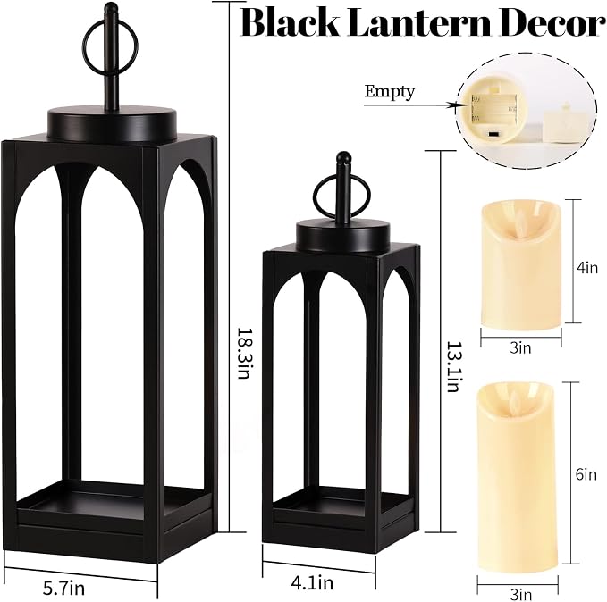 MATAHUM 18" 13" Decorative Lanterns Set of 2, Black Metal Farmhouse Lanterns with Flameless Candles, Outdoor Lantern Decor Indoor Candle Lantern for Fireplace, Porch, Patio, Garden, Wedding