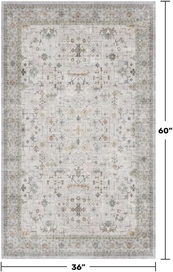 Washable 3x5 Large Bathroom Rug - Neutral Boho Geometric Area Rugs for Entryway, Kitchen, Bedroom Beside Bed, Laundry, Modern Vintage Eclectic Light Gray & Sage Floral Decor, Low Pile & Non-Slip Stain
