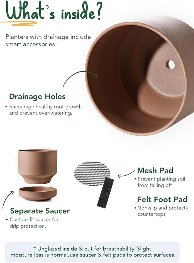 LE TAUCI 12 Inch Pots for Plants with Saucer | Ceramic Outdoor & Indoor Planter Pot for Plants | Drainage Hole, Mesh Pad | Unglazed Porous | Modern for Home, Office and Patio – Terracotta Color