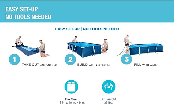 Bestway Steel Pro 9 Feet 10 Inch x 6 Feet 7 Inch x 26 Inch Rectangle Above Ground 872 Gallon Pool Set with DuraPlus Liner and FrameLink System