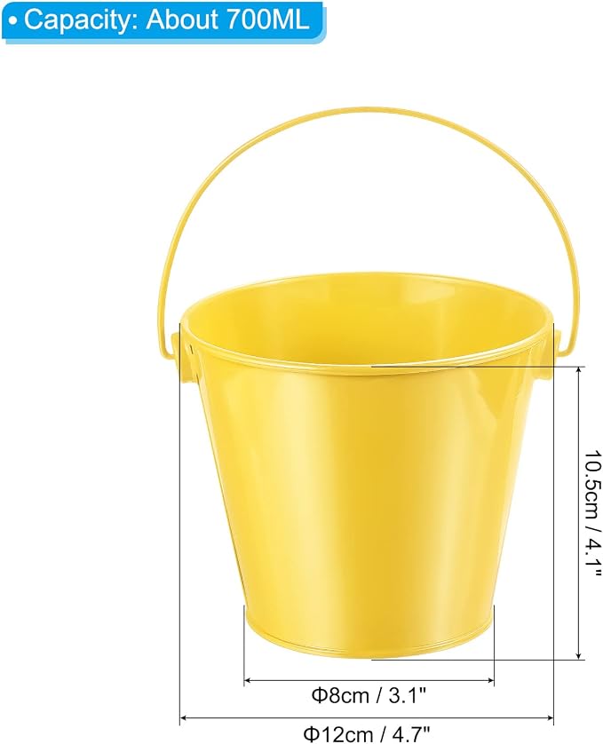 PATIKIL 4.7 Inch Colored Metal Buckets, 4 Pack Pencil Holder Buckets Round Metal Planter Pails Container with Handles for Classroom Crafts, Yellow