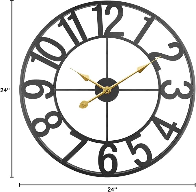 Large Outdoor Clock, Patio Decorative Wall Clock Silent Non Ticking Battery Operated, 24 Inch Modern Black Metal Clock for Pool Area, Living Room, Farmhouse, Kitchen