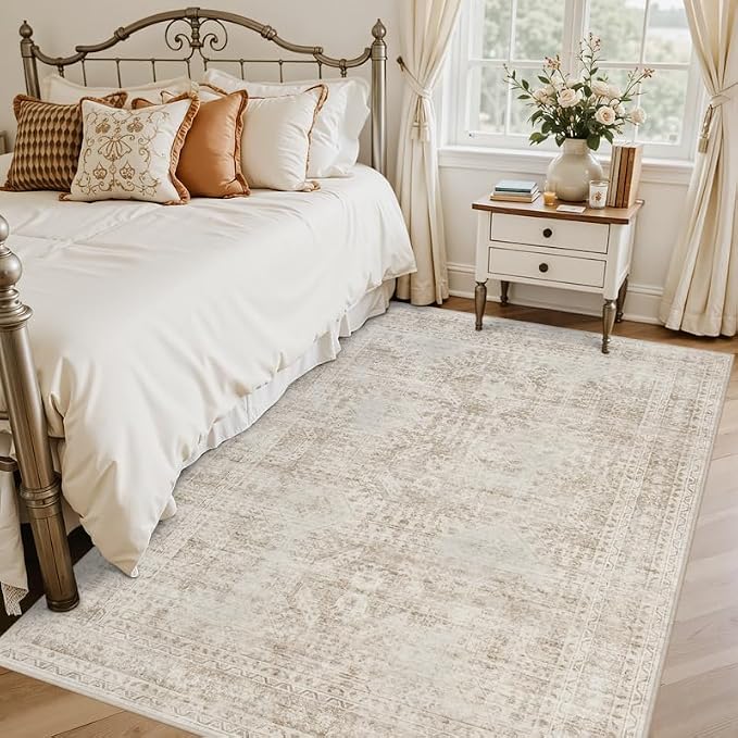 5x7 Area Rugs Living Room: Bedroom Neutral Washable Carpet Brown | Vintage Boho Soft Small Indoor Decor Floor Non-Slip Low Pile Neutral Farmhouse Entryway Laundry Bathroom Bedroom Beside Rugs