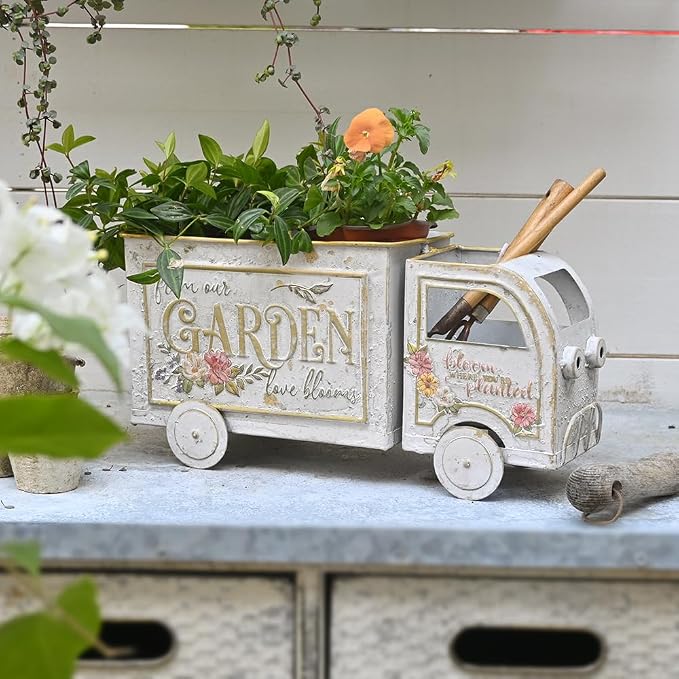 Farmhouse Small Flower Cart Metal Truck Decor Wagon Planters for Outdoor Plants Decorative Planters Vintage Indoor Plant Cart for Patio Garden Balcony