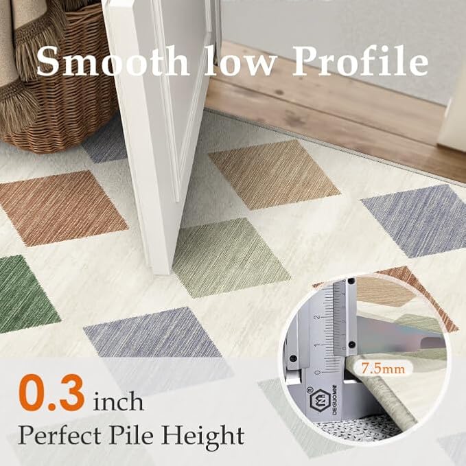 2x8 Washable Runner Rug Kitchen Colorful Non Slip Checkered Carpet | Soft, Low Pile, Easy Clean, Diamond Pattern for Hallway, Entryway, Laundry Room, Bathroom, Modern Neutral Decor