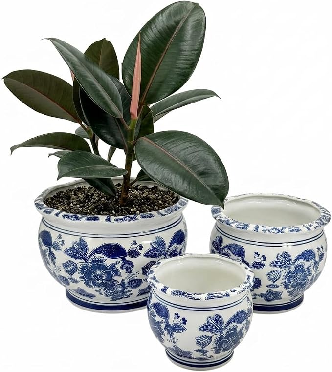 Galt International Floral Blue & White Round Porcelain Ceramic Plant Flower Planter Pot Set of 3 (8", 10", 12") Garden Pots Chinese Asian Design