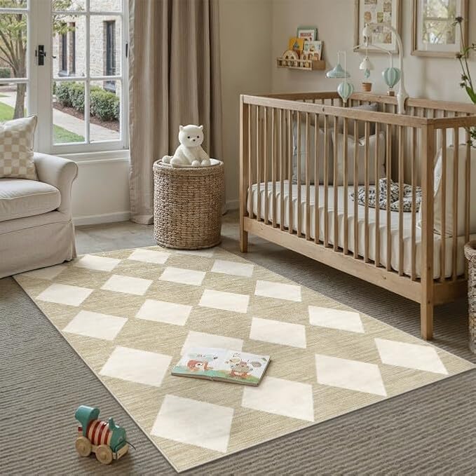 3x5 Washable Area Rug Entryway Beige Non Slip Checkered Carpet | Soft, Low Pile, Easy Clean, Diamond Pattern for Living Room, Bedroom, Kitchen, Office, Nursery, Modern Neutral Decor
