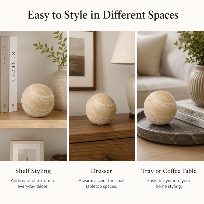 Natural Travertine Decorative Sphere, 2.36 Inch Stone Ball Decor, Hand-Polished Beige Orb Accent for Shelves, Dressers, Trays and Coffee Table