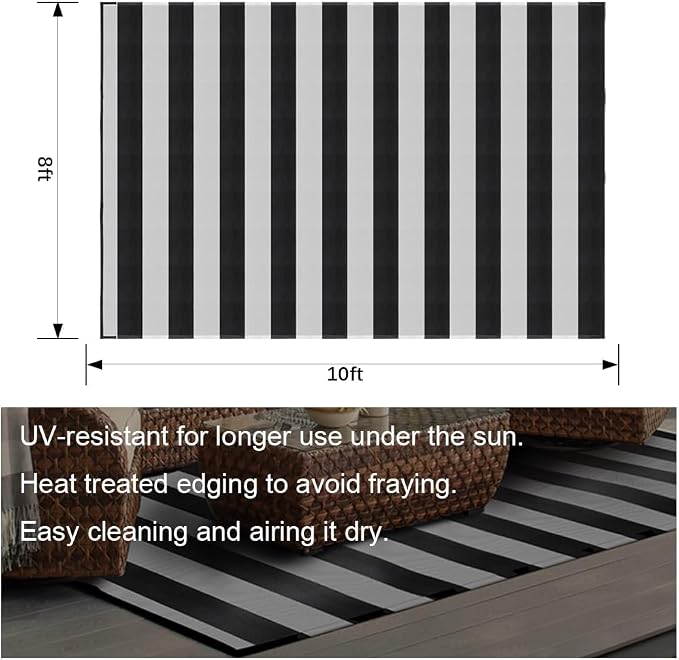 Plastic Straw Rug,8'x10' Outdoor Waterproof Patio Rugs Foldable Reversible Camping Mat for Rv, Deck, Porch, Picnic, Beach, Balcony,Black & White
