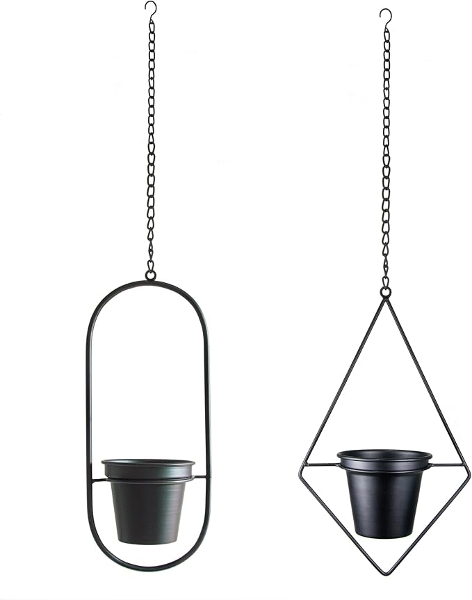 Modern Metal Hanging Planters Set of 2 - Geometric Diamond and Oval Plant Hangers with 5 inch Pots - Black Wall or Ceiling Mount Flower Holders for Indoor and Covered Outdoor Décor