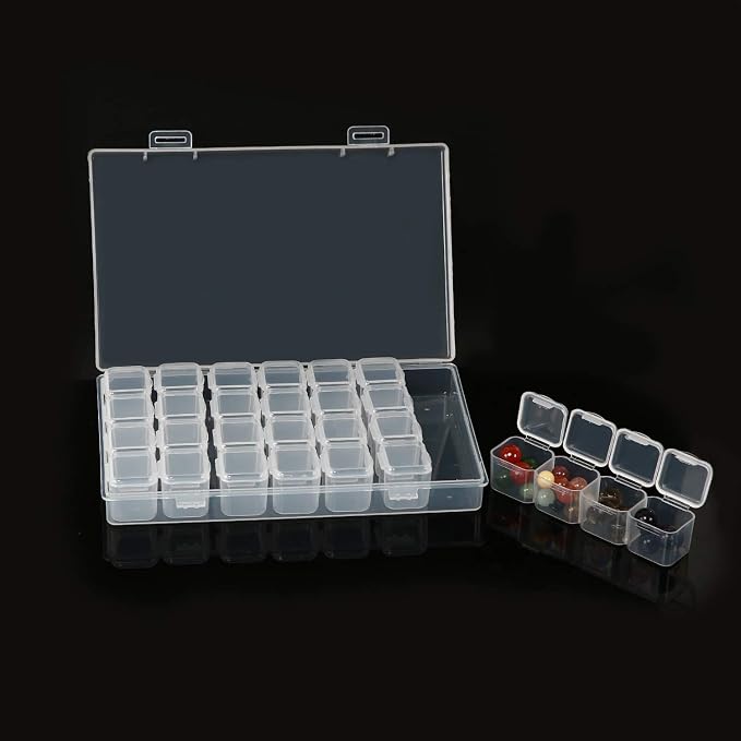 KINJOEK 4 Pack 28 Grids Diamond Paint Storage Boxes, 112 Slots Plastic Bead Organizer Containers with Labels, Movable Dividers Diamond Bead Painting Art Case for Cross Stitch Accessories Supplies