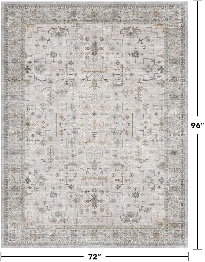 Boho Light Gray & Sage 6x8 Living Room Rug - Washable Large Area Rugs for Dining Under Table, Neutral Geometric Floral Bedroom Carpet, Modern Vintage Low Pile Stain Resistant