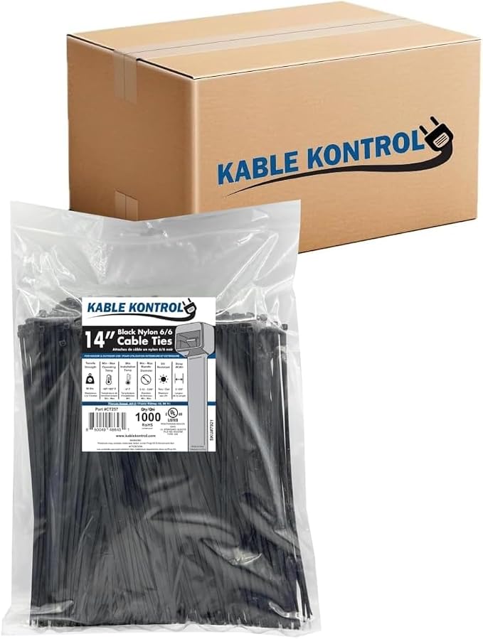 Kable Kontrol Cable Zip Ties Black 6,000 Pcs 14 Inch, 50 Lbs Tensile Strength, Bulk Pack, Self-locking UV Resistant Plastic Nylon Wire Ties, for Indoor or Outdoor Use