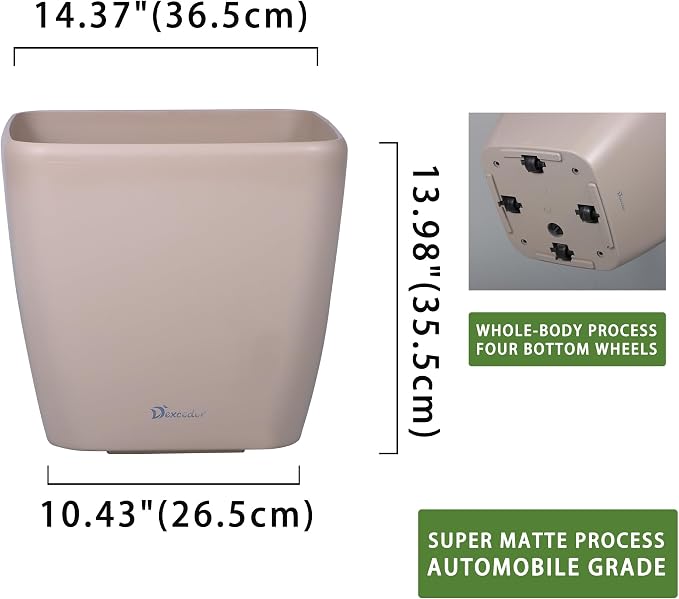 Dexceder 15x14 Self Watering Planter with Wheels (Taupe Matte) | Inner Mat Design, Thickened Large Floor Standing Flower Plant Pot with Water Level Indicator Indoor Outdoor