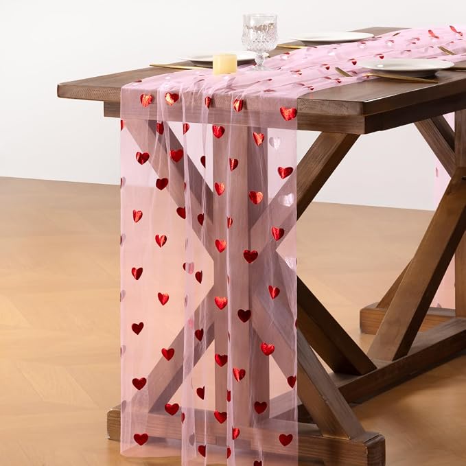 Socomi Valentine's Day Red Heart Table Runner Gauze Sheer Romantic Sequin 10FT Glitter Metallic Foil Dining Wedding Birthday Party Baby Shower Holiday Centerpiece Table Decor Pink