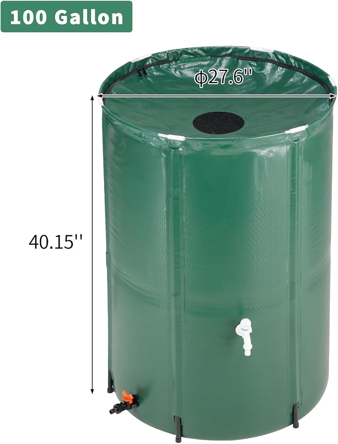 100 Gallon Collapsible Rain Barrel, Water Storage Tank, Portable Rainwater Collection System, Rain Catcher Barrel with Two Spigots and Overflow Kit, Rain Water Barrel Collector for Garden, Green