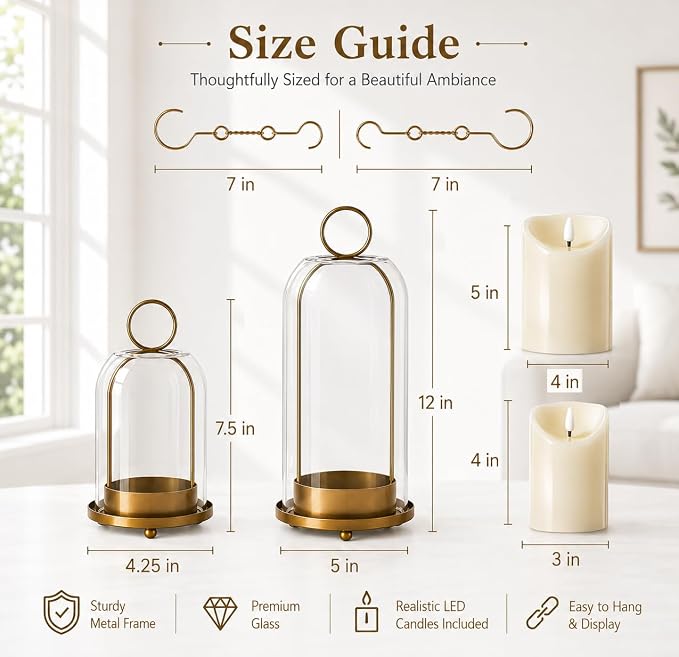 Hurricane Metal Candle Holder Set of 2, 12” & 7.5”, with Handcrafted Glass Dome for Pillar Candle, Plants & 2 Timer Candles for Indoor Outdoor Decor Decorative Table Centerpiece (Vintage, Set of 2)
